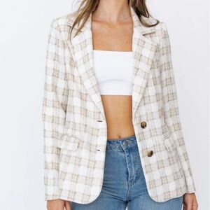 Le Lis Women's Plaid Blazer in Taupe and White Sz L
